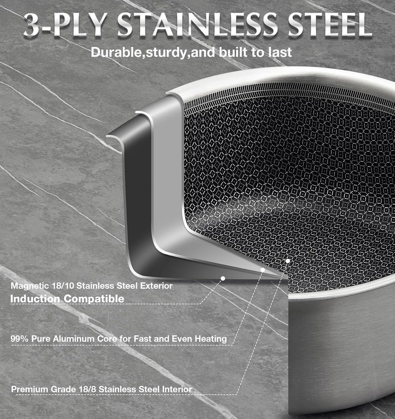 KOCH SYSTEME CS Hybrid Nonstick Stainless Steel Saucepan Set, 6-Piece Triply Stainless Steel Saucepan Set with Hybrid Honeycomb Interior, 1QT & 2QT & 3QT Sauce Pans, Induction Ready, Steel Pot Set - Image 3